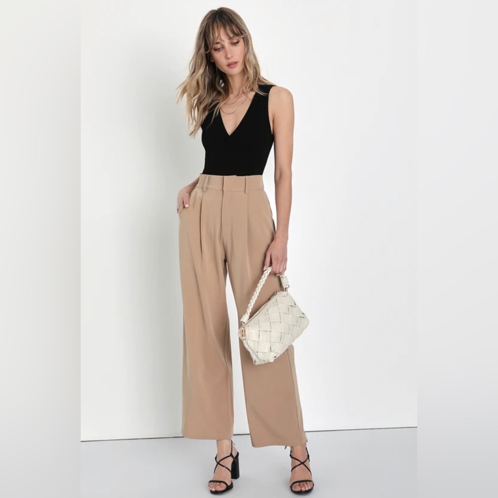 Lulu’s Posh Mindset Taupe High-Waisted Wide-Leg Trousers- Size XS